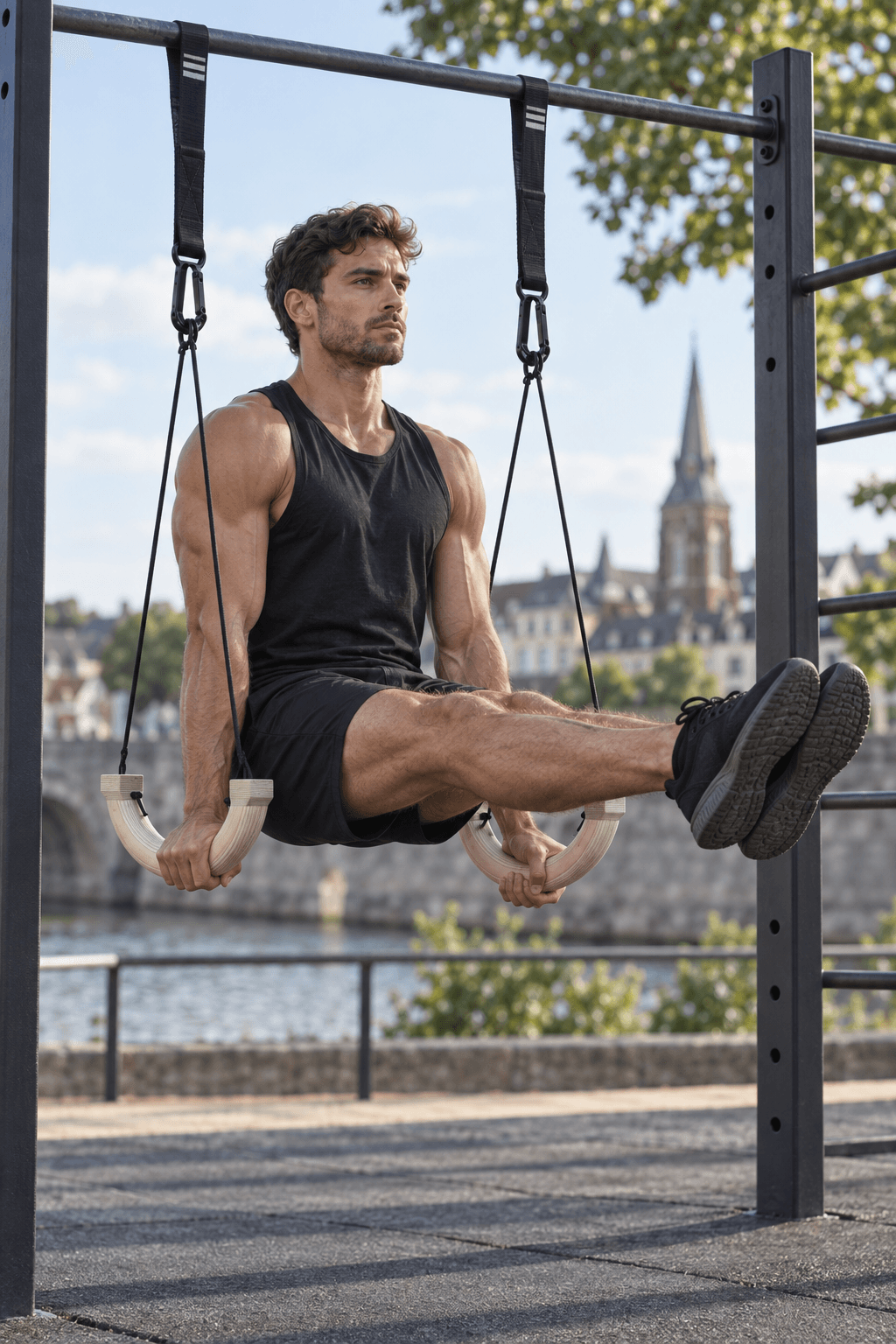 Athlet trainiert im L-Sit mit aufgehängten NOMAPE Ringlets an einer Outdoor-Trainingsstation.